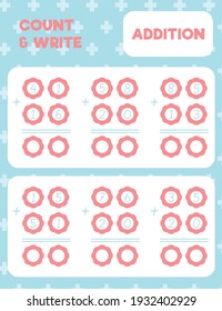 Math worksheet practice print page. Double digit addition. Column method. Count and write. 