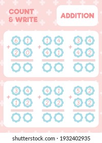 Math worksheet practice print page. Double digit addition. Column method. Count and write. 