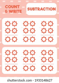 Math worksheet practice print page. Double digit subtraction. Column method. Count and write. 
