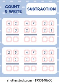 Math worksheet practice print page. Double digit subtraction. Column method. Count and write. 