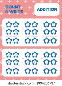 Math worksheet practice print page. Double digit addition. Column method. Count and write. 