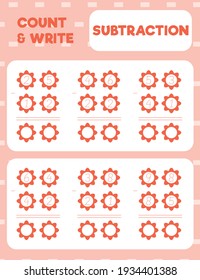 Math worksheet practice print page. Double digit subtraction. Column method. Count and write. 