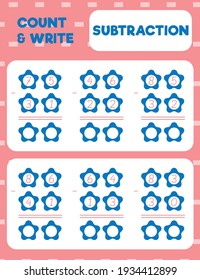 Math worksheet practice print page. Double digit subtraction. Column method. Count and write. 