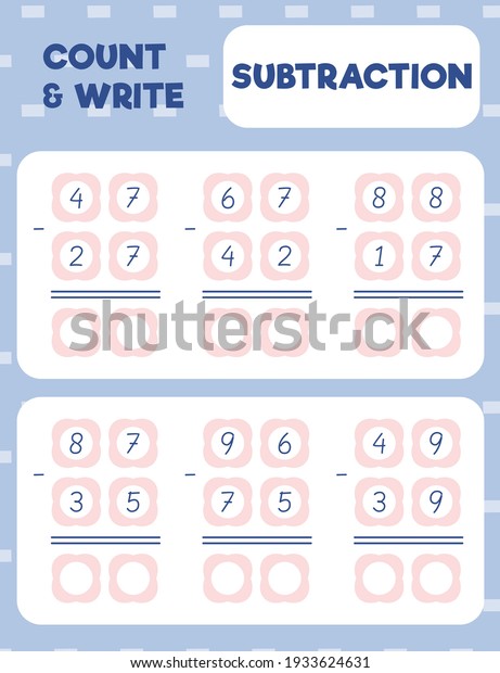 Math worksheet practice print\
page. Double digit subtraction. Column method. Count and write.\
