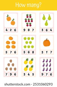 Planilha de matemática para pré-escola. Contando de 1 a 10 crianças. Atividades matemáticas para a escolaridade, educação precoce. Contando jogo lógico educacional. Aulas infantis, atividades pré-escolares no jardim de infância para crianças.