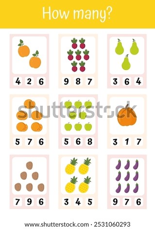 Math worksheet for preschool. Counting 1-10 kids. Mathematic activities for schooling, early education. Counting educational logical game. Kid lessons, preschool kindergarten activity for kids.