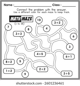 Math worksheet : puzzle addition maze mathematics for kids (1 to 10)