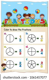 Math worksheet template for color the fraction illustration