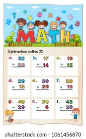 Math worksheet template for subtraction within twenty illustration