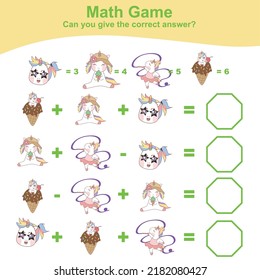 Math worksheet with unicorn theme. Learning how to counting for preschool children. Educational printable sheet. Vector illustration. 