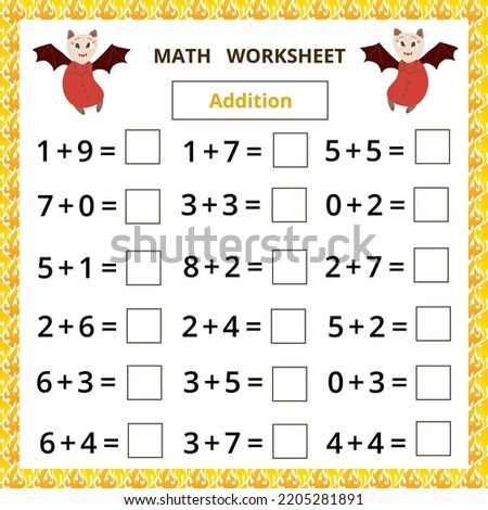 Math worksheet.Addition.Educational card with cartoon bat character.