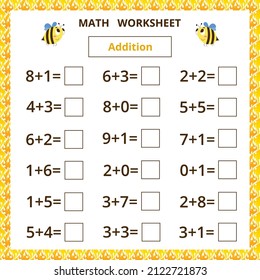 Hoja de cálculo matemática.Adición.Tarjeta educativa con abeja de dibujos animados para niños.