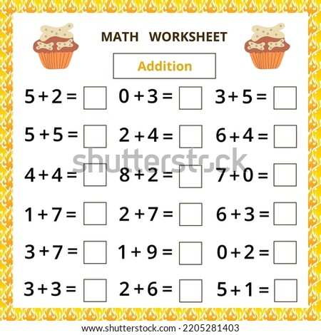 Math worksheet.Addition.Educational card with cartoon cake.