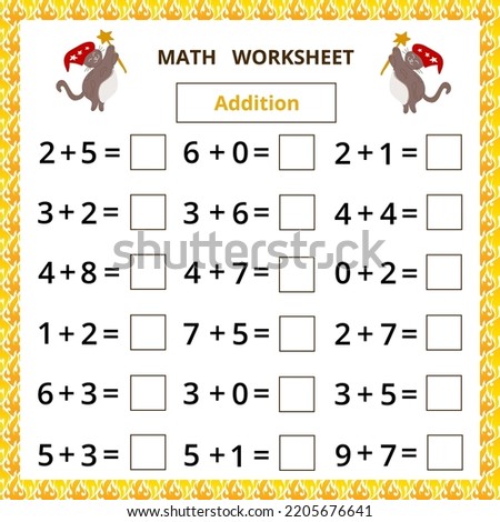Math worksheet.Addition.Educational card with cartoon cat.