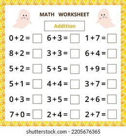 Math worksheet.Addition.Educational card with cartoon ghost.