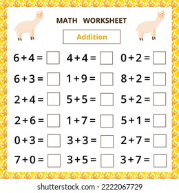 Hoja de cálculo matemática.Adición.Tarjeta educativa con lama de dibujos animados.