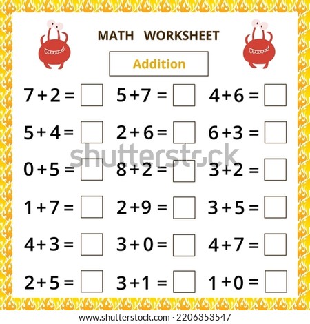 Math worksheet.Addition.Educational card with cartoon monster.