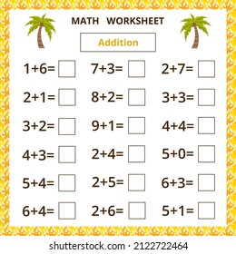 Hoja de cálculo matemática.Adición.Tarjeta educativa con palma de dibujos animados para niños.