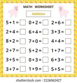 Math worksheet.Addition.Educational card with cartoon sheep.