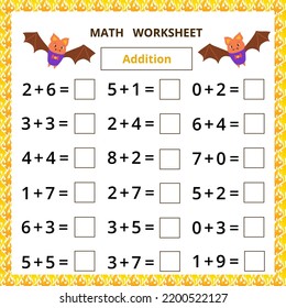 Math worksheet.Addition.Educational card with cartoon sheep.