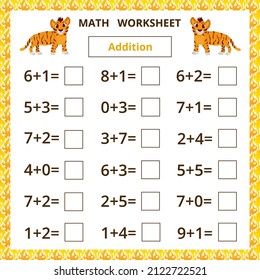Math worksheet.Addition.Educational card with cartoon tiger for children.