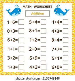Math worksheet.Addition.Educational card with cartoon whale for children.