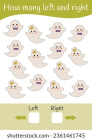 Math worksheets. Halloween games. Count objects on the left and right sides. Printable Worksheets, logical games for kids. Early learning education for preschool, kindergarten.  Halloween activities.