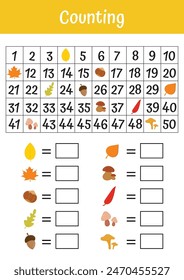 Math worksheets for school education. Counting from 1 to 50. Learning math games for schooling, pedagogic use. Maze game, counting to fifty. Activities math for kindergarten, first grade, second grade