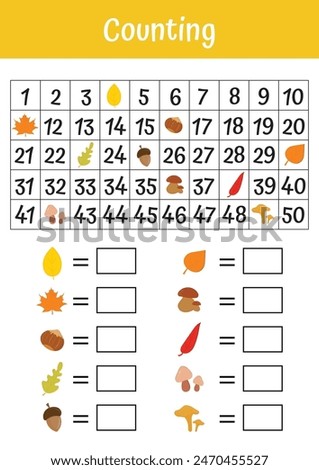 Math worksheets for school education. Counting from 1 to 50. Learning math games for schooling, pedagogic use. Maze game, counting to fifty. Activities math for kindergarten, first grade, second grade