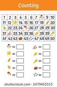 Hojas de trabajo de matemáticas para la educación escolar. Aprendiendo páginas matemáticas. Recursos para maestros, primer, segundo grado. Contando de 1 a 50. Juego de matemáticas, rompecabezas, acertijos. Contando con gráficos de números.