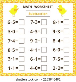 Math worksheet.Subtraction.Educational card with cartoon chicken for children.