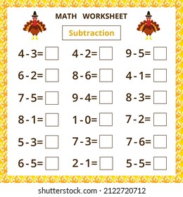 Math worksheet.Subtraction.Educational card with cartoon turkey for children.