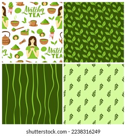 Matha Tea leaf orgánica de patrón sin costuras. Plantilla de diseño floral para el embalaje, restaurante de menú, papel de envoltura. Ilustración vectorial de Matcha, hojas de té verde como fondo de repetición. Rayas cortas