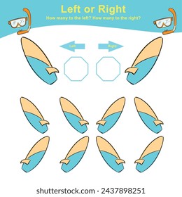 Mathematic activity page. Calculate and write the result. Left or Right worksheet for children. Printable activity page for kids. Educational printable math. Kids activity sheet. Vector file.