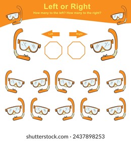 Mathematic activity page. Calculate and write the result. Left or Right worksheet for children. Printable activity page for kids. Educational printable math. Kids activity sheet. Vector file.