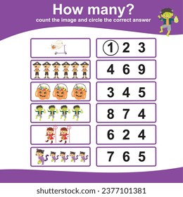 Mathematic activity page. Count the image and circle the correct answer. Educational printable math. Printable worksheet for preschool. Vector file.