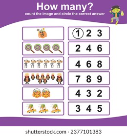 Mathematic activity page. Count the image and circle the correct answer. Educational printable math. Printable worksheet for preschool. Vector file.