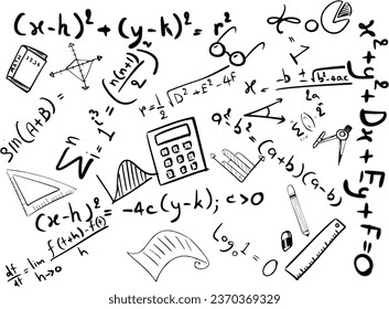 Doodle math formulas. Handwritten mathematical equations, schemes on  notebook squared paper. Algebra or geometry calculations vector set.  College, school or university lecture notes Stock Vector