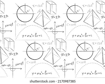 Mathematische Kreide-Doodle-Cartoon für Zeichnungen im Schulstil. Blackboard Mathematik illustriert Kinderdoodle. Universitätsformel. Algebra und Geometrie, Vektorwissenschaft. Datenbericht