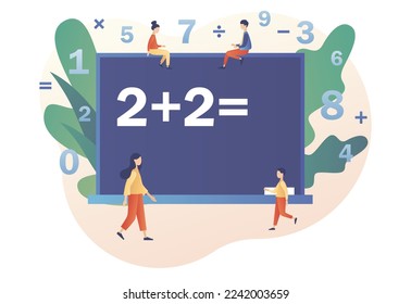 Mathematic class. Arithmetic symbols on chalk board. Tiny people learning math. Education and knowledge concept. Modern flat cartoon style. Vector illustration on white background