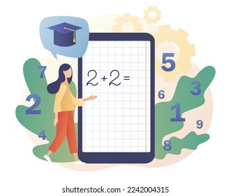 Mathematic class. Arithmetic symbols on smartphone screen. Tiny people learning math. Education and knowledge concept. Modern flat cartoon style. Vector illustration on white background