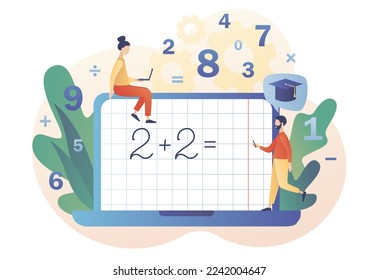 Mathematic class. Arithmetic symbols on laptop screen. Tiny people learning math. Education and knowledge concept. Modern flat cartoon style. Vector illustration on white background