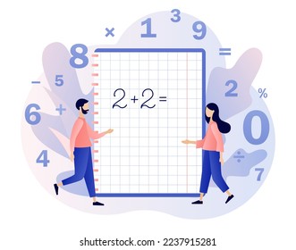Mathematic class. Tiny people learning math. Arithmetic symbols in notebook. Education and knowledge concept. Modern flat cartoon style. Vector illustration on white background