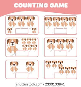 Mathematic counting worksheet. Count the image of dogs and write the number. Math worksheet for kids. Educational printable page. Math fun game for children. Vector illustration.