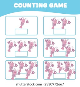 Mathematic counting worksheet. Count the image of yabby and write the number. Math worksheet for kids. Educational printable page. Math fun game for children. Vector illustration.