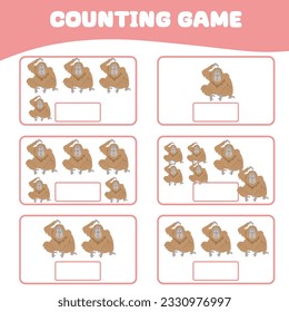 Mathematic counting worksheet. Count the image of orang utan and write the number. Math worksheet for kids. Educational printable page. Math fun game for children. Vector illustration.