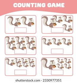 Mathematic counting worksheet. Count the image of squirrel and write the number. Math worksheet for kids. Educational printable page. Math fun game for children. Vector illustration.