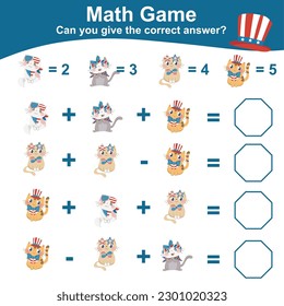Mathematic counting worksheet with cute cat cartoon character. Math activity, count and write the answer. Educational printable math worksheet for children. Vector illustrations file.
