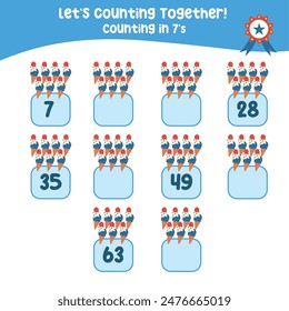 Mathematic counting worksheet. Math activity, count and write the missing numbers, math multiples. Educational printable math worksheet for children. Learning Game.