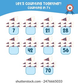 Mathematic counting worksheet. Math activity, count and write the missing numbers, math multiples. Educational printable math worksheet for children. Learning Game.